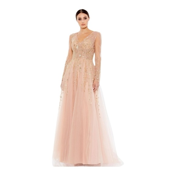 Mac Duggal Dresses & Skirts - Mac Duggal Embellished V Neck Long Sleeve A Line Gown in Pink Champagne NWT